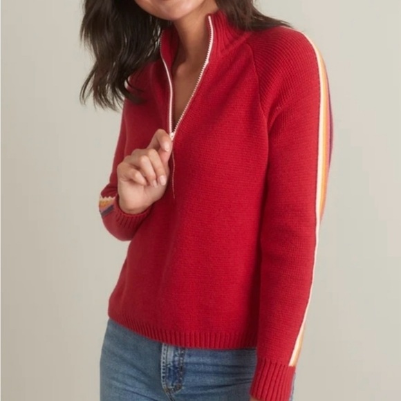Marine Layer half zip sweater XS red with colorful stripes on sleeves - Picture 2 of 11